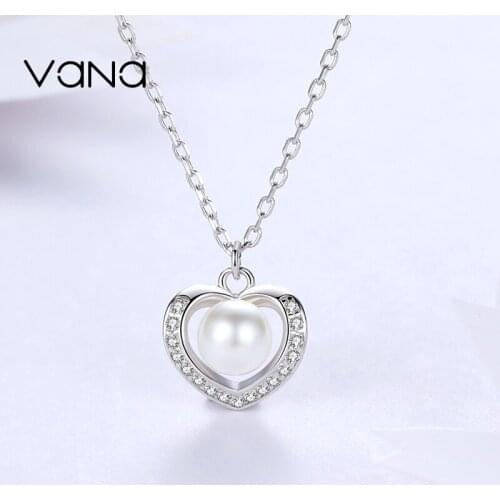 VANA Pearl Heart Necklace for Women 925 Sterling Silver Necklace Pearl Necklace Gift for Wife Mother