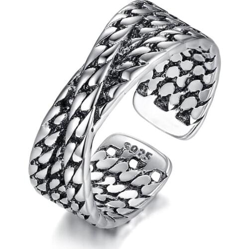 Twisted Geometric Vintage Thai Silver Color Adjustable Ring For Women Mens Simple Fashion Korean Chunky Jewelry S-R2183
