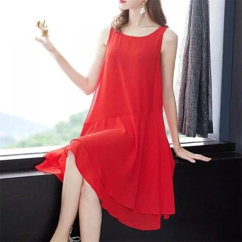 2020 new style Sleeveless Loose Solid A-line chiffon dress office lady party Tank dresses Plus Size M-7XL Irregular Vestidos