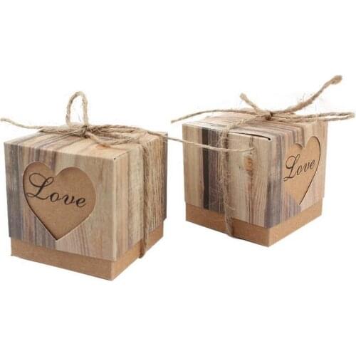 100Pcs Wedding Bonbonniere Heart in Love Rustic Kraft Bark Candy Boxes with Burlap Chic Vintage Twine Wedding Favor Gift Box