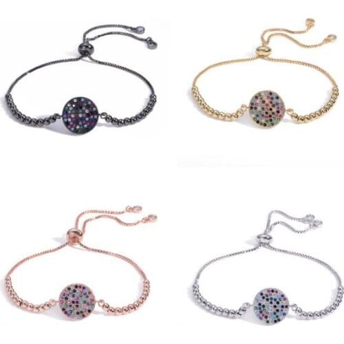 Disc multicolor crystal micro pave cz zircon cubic zirconia Bracelet Push Pull Adjustable silicone Copper Charm Snake Chain 3df2