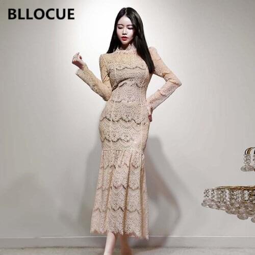 BLLOCUE Elegant Vintage Party Dress 2020 Spring OL Long Tail fishtail Package Hip Dress Sexy Ladies Dress New Female Lace Dress
