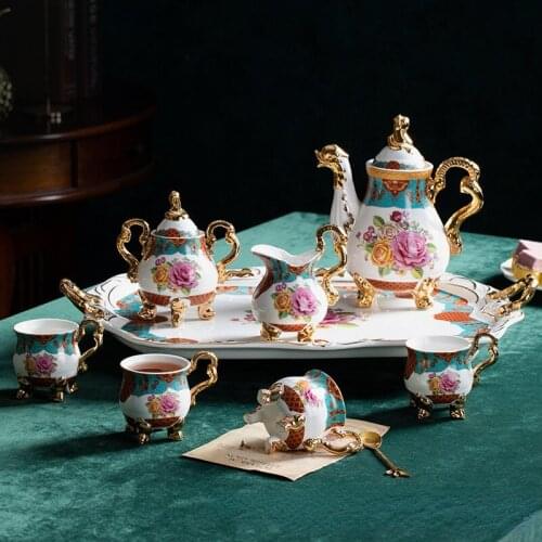 European style fish, dragon and Phoenix coffee with blooming flowers, rich and noble with big plate sugar pot and milk pot