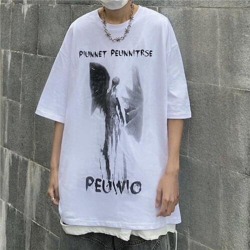 Retro Graffiti Angel Print Shirts for Women Oversized White Tshirts 2021Summe New Kawaii Clothes Harajuku Teens Girls Tees