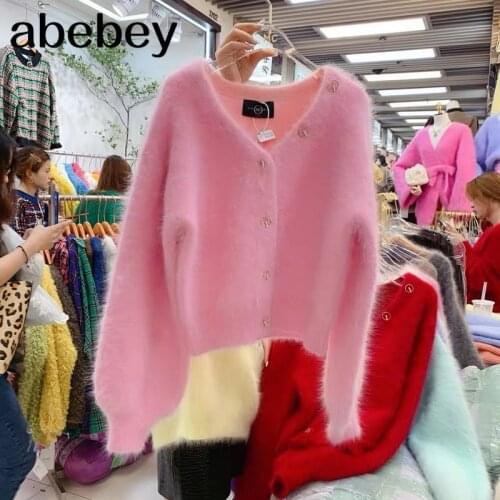 Candy Color Mink Cashmere Pink Cardigan New Korean Autumn Winter Thick Soft Single Breasted Knitting Loose Sweater Coat