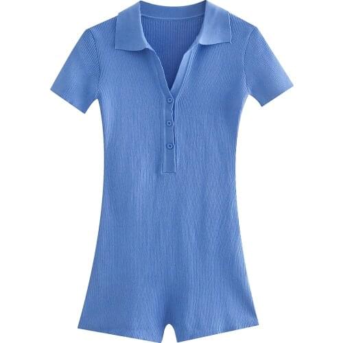 Solid Sexy Polo Neck Slim Rompers Women Summer Single Breasted Fashion Playsuits Female Chic Elegant Casual Playsuit Girl