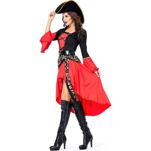 Red Female Warrior Pirate Cosplay Woman Halloween Queen Costume Carnival Purim Parade Masquerade Nightclub Role Play Party Dress