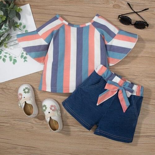 2Pcs Toddler Baby Girls Summer Tracksuit Stripe O-Neck Sleeves Tops + Elastic Waist Bow-knot Shorts 3-24 Months Infant Outwear