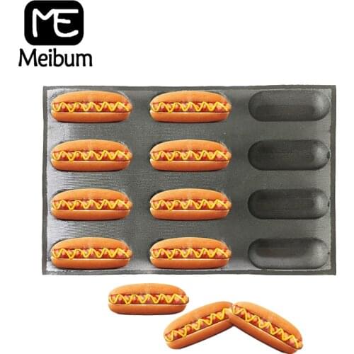 Meibum 12 Cavity Baking Long Loaf Hot Dog Porous Mould Oval Bread Non Stick Glass Fiber Silicone Bake Tray Baguette Eclair Mold