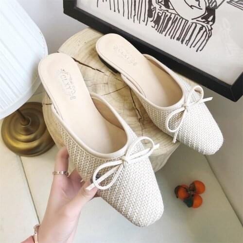Summer Cane Ladies Mules Slippers Women Shoes Female Slides Butterfly Knot Pointed Toe Low Heels Casual Shoes Woman Slippers