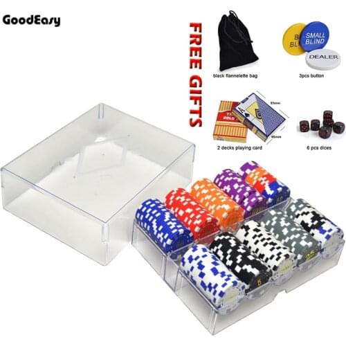 200pcs Texas ABS Gold Poker Chips Sets Dealer Buttons Playing Cards Dices Flannelette Bag Casino Poker Metal Coins Set