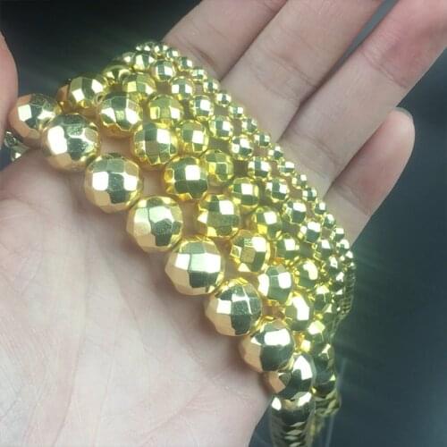 Faceted Natural Stone Gold Hematite Round Loose Spacer Beads For Jewelry Making DIY Bracelet Accessories 15'' 2/3/4/6/8/10/12mm