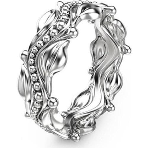 Christmas Gift Engraved Flower Leaf Pattern Wholesale Jewelry Bead Silver Color Ring High Quality Fashion Classic Girl Gift