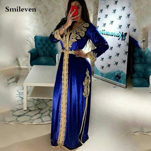 Smileven Royal Blue Moroccan Kaftan Formal Evening Dress Long Sleeve Muslim Party Dress Gold Lace Dubai Special Occasion Dresses