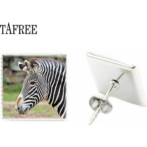 TAFREE DIY Black and white zebra stripes Ear Studs Earrings Fashion Square Glass Cabochon Animal Photo Jewelry zb30