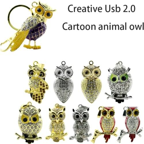 USB Flash Drive Diamond Metal Material Owl Necklace Cartoon Animal Keychain USB 2.0 Flash Drive U Disk 4GB 16GB 32GB Flash Drive