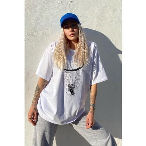 Womens White Astronaut Printed Crew Neck Tshirt Casual Fashion Items Street Sports Style Wear Spring Summer Dresses New Year