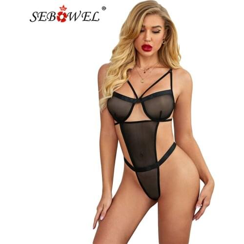 SEBOWEL Sexy Black Sheer Mesh Bodysuit Women Sleeveless Backless Adjustable Strap Rompers Female Hollow Out Bodysuits