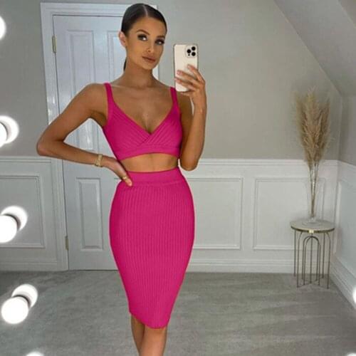 Women Clothing Set 2021 Sexy V Neck Orange Pink Bandage Two Pieces Set Party High Street Celebrity Bandage Camis Skirts