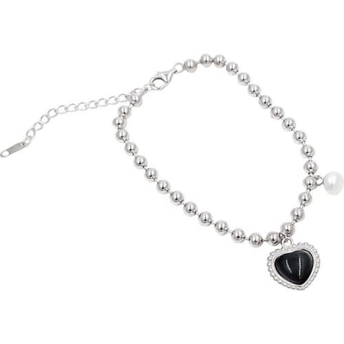 POTCET Womens Stainless Steel Black Love Pearl Titanium Steel Bracelet Geometric Fashion Retro Hip Hop Party Jewelry