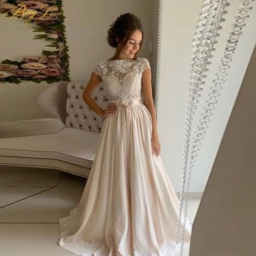 Berylove A line Evening Dress Lace Top Satin Party Gown Flower Printed Long Elegant Dress Sweep High Belt Train vestidos formale