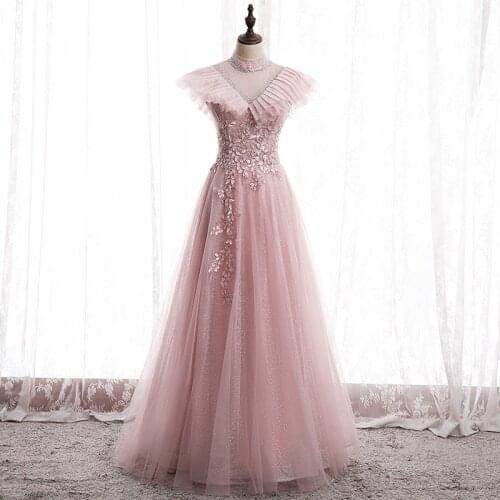 Bespoke Occasion Dresses Illusion High Sleeveless Lace Tulle Sequined Beading Luxury Pink Elegant Lady Formal Evening Gown HB229
