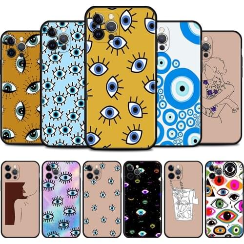 Blue Evil Eye Print Line Face Phone Case for iPhone 11 Pro 12 Mini XR X 7 8 6 6S Plus XS Max 5 5S SE 2020 Mobile Phones Cover