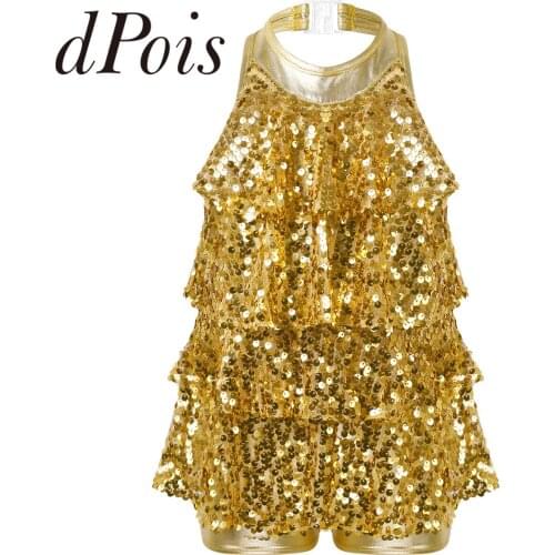 Kids Girls Halter Shiny Sequins Unitards Dress Children Ballet Gymnastics Leotard Stage Performance Latin Jazz Dance Costume