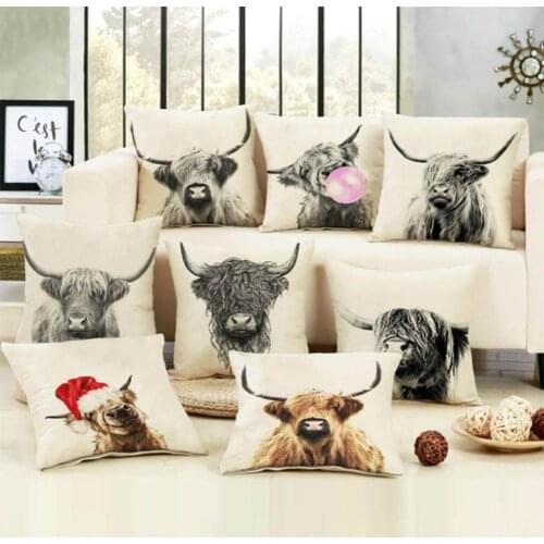 Home Art Highland Cow Cattle Linen Pillow Case Cushion Cover Sofa Bed Car Decor