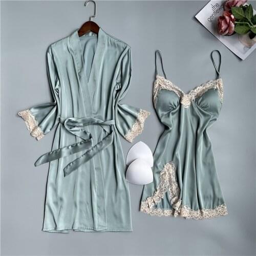 Wedding Robe Women 2PCS Sleepwear Loose Home Wear V-neck Nightgown Sexy Lace Knee-length Kimono Bathrobe Gown Casual Sleep Set