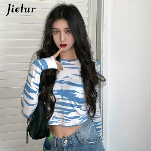Jielur Spring New Hit Color Womens T-shirt Korean High Waist Slim Harajuku BF Fashion Long Sleeve Blue Casual T-shirts Crop Top