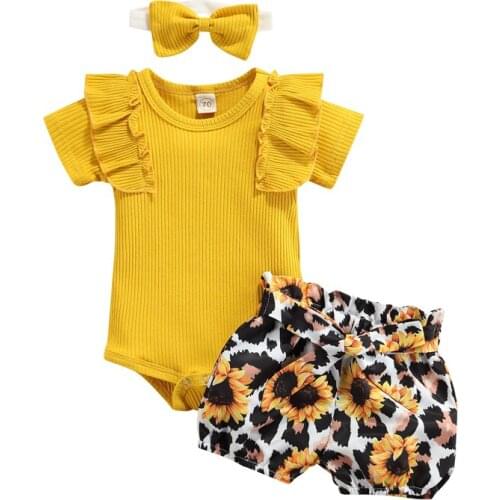 3Pcs Baby Girls Summer Outfits Short Sleeve Solid Color Rib Knit Romper + Sunflower Shorts + Headband Set Infant Girl Clothing