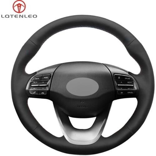 LQTENLEO Black PU Artificial Leather Hand Sew Car Steering Wheel Cover For Hyundai Kona 2017 2018 2019
