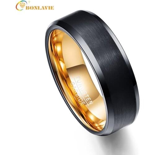 BONLAVIE Gold Inner Ring Scrub Flat Men Rings 100% Tungsten Carbide Couple Anillos para hombres Male Jewelry
