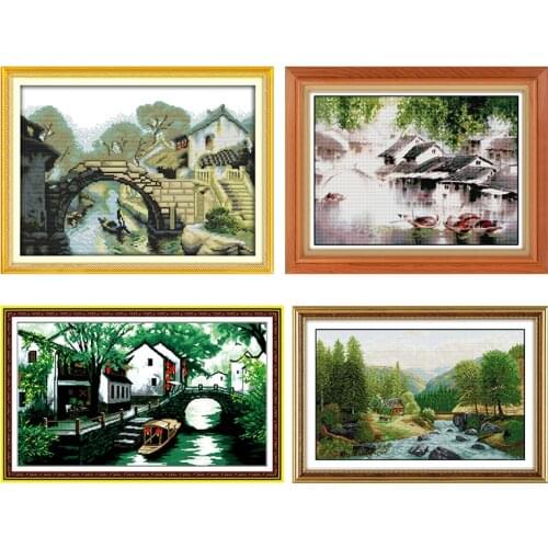 Joy Sunday Embroidery Needlework Set Stamped Cross-Stitch Kits Print 11CT 14CT Counted Crafts Memory of Jiangnan Home Decor Gift