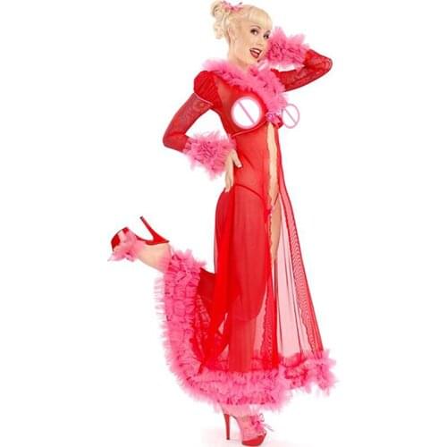Charming Transparent Nightdress Long Night Gown Wholesale Price Hot Sexy Sheer Underwear Red Women Lace Santa Lingerie W850820