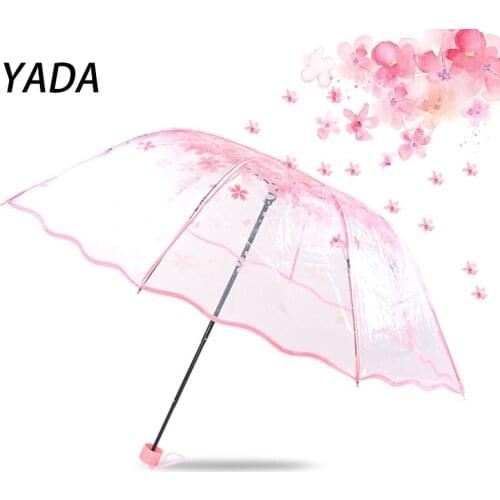 YADA Three Fold Rain Transparent Umbrella Folding Rainy Japanese Cherry Blossom Umbrellas For Girls Boy Clear Parapluie YD210025