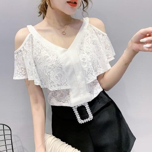 Lace T-Shirt Women Off Shoulder Fit Tees Ladies V-Neck 2021 summer Casual Elegant Plus Size Short sleeve Tops T-Shirts Women