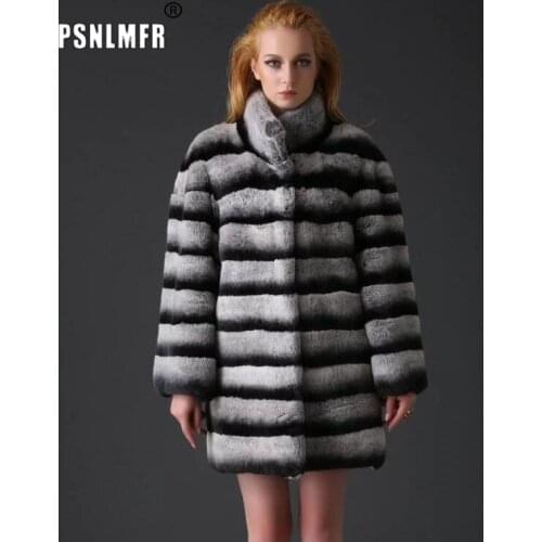 80CM Luxury Whole Skin Natural Chinchilla Fur Coats With Collar Thick Warm British Style women Real Rex Rabbit Fur Long Jacket