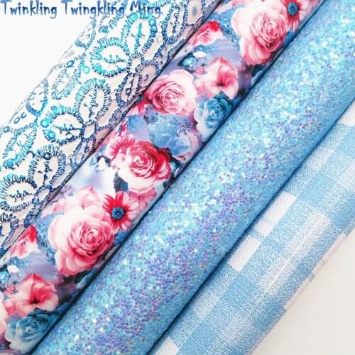 Blue Glitter leather, Flowers Printed Faux Leather, Embossed Flowers synthetic Leather For Bow A4 21x29CM Twinkling Ming KM228