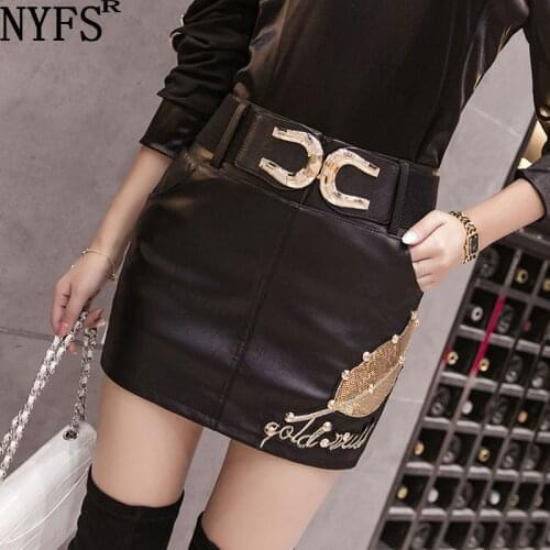 NYFS 2021 New Autumn Winter womens skirts Sexy show thin Slim embroidered PU leather mini skirt Hip mujer faldas(send belt)