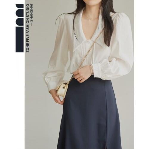Spring Time zone and summer new Chiffon single breasted white solid color lantern sleeve temperament commuter pointed collar