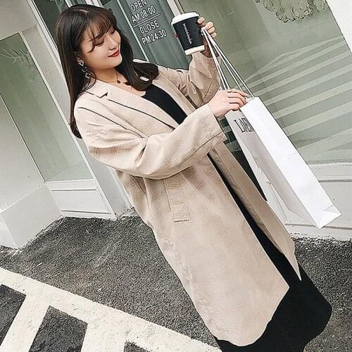 Spring New 200 Pounds Fat mm Large Size Womens Temperament Simple Casual Light Plaid Long Coat Woven