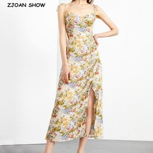 2021 Holiday Summer Colored Floral Print Sling Dress Sexy Hem Slit A-line Adjust Spaghetti Strap Chiffon Long Dress