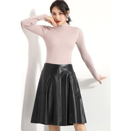 2020 Women Vintage Real Leather Skirts High Waist Midi Skirt Streetwear Casual Office Ladies A-Line Knee-Length Pleated Skirt