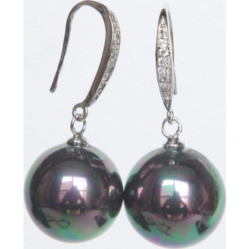14mm round peacock black south sea shell pearls Earrings silver hook