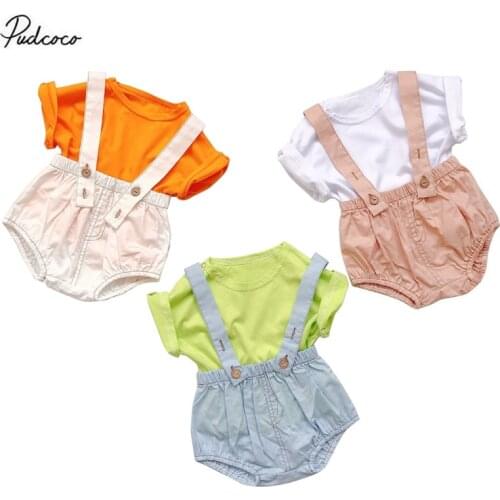 2020 Baby Summer Clothing Brief Style Infant Kids Baby Girls Boys Clothes Set Solid Short Sleeve Tops Shirt Overall Bottoms 2pcs