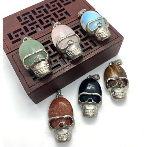 2pcs Natural Stone Pendant Skull Head Shaped Black Agate Amethyst Sandstone Necklace Pendant DIY Jewelry Making Accessories