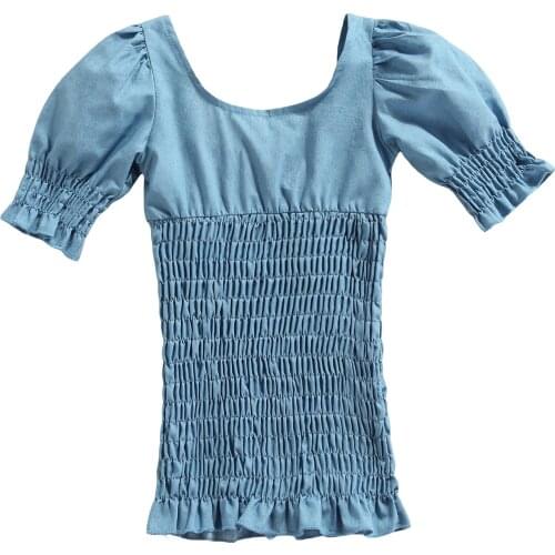 2021 0-5Y Fashion Kids Baby Girls Dress Blue Solid Square Collar Puff Short Sleeve Pleated Bodycon Mini Dress Holiday Sundress
