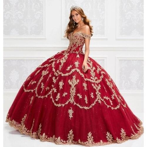 2021 Gorgeous Red Quinceanera Dresses With Gold Appliqued Sequins Lace Up Ball Gown Prom Dress Floor Length Vestido De Festa
